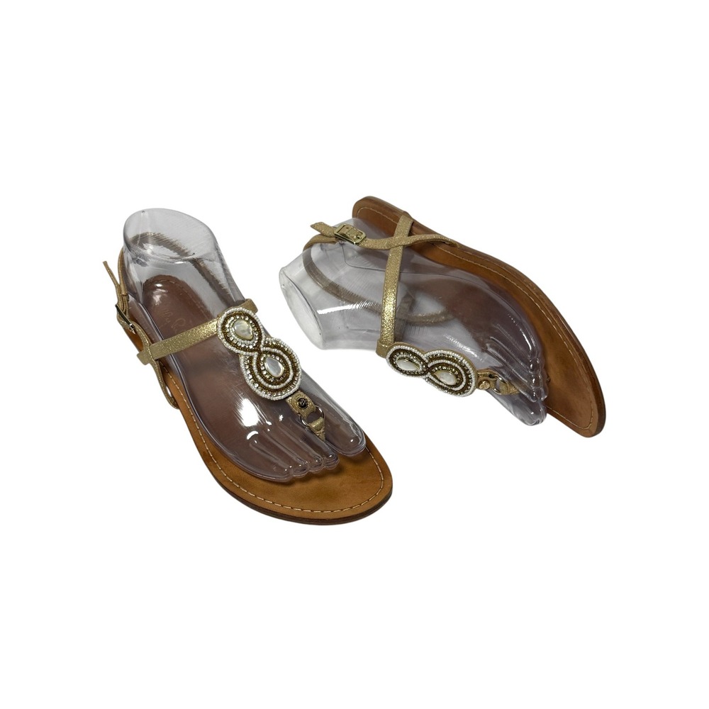 LILLY PULITZER Beaded Gold Leather T-Strap‎ Thong Sandals Size 7.5M